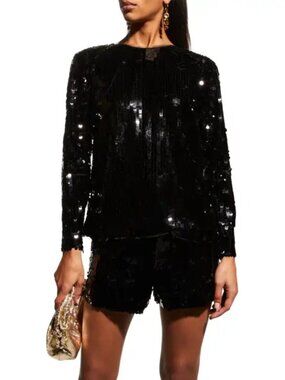Carolina Herrera Black Sequin Long-Sleeve Crew-Neck Top Size 4
